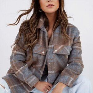 Anthropolotie Blank NYC Mountain High Shacket Gray & Tan Plaid Shirt Jacket S